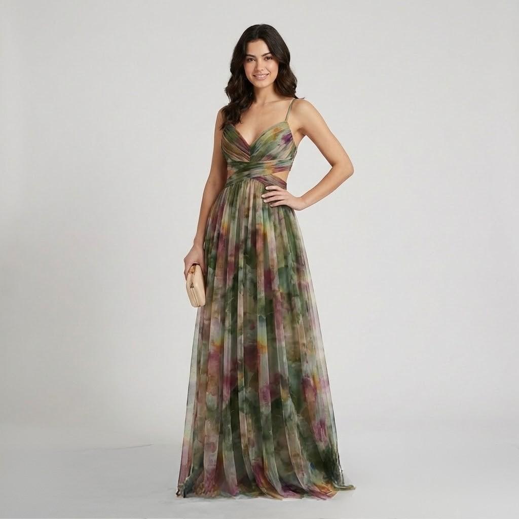 Vestido comprido fluido em mistura de viscose | Corte império | Decote profundo elegante