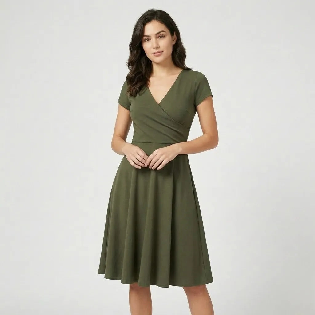 Vestido Midi Evasé | Decote em V | Algodão Estruturado