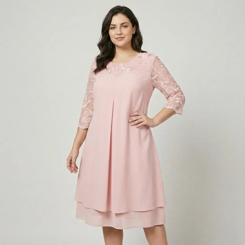 Vestido Midi Elegante | Manga Rendida | Mistura de Viscose