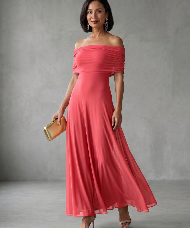 Carolina - Vestido Midi Drapado com Ombro Descoberto