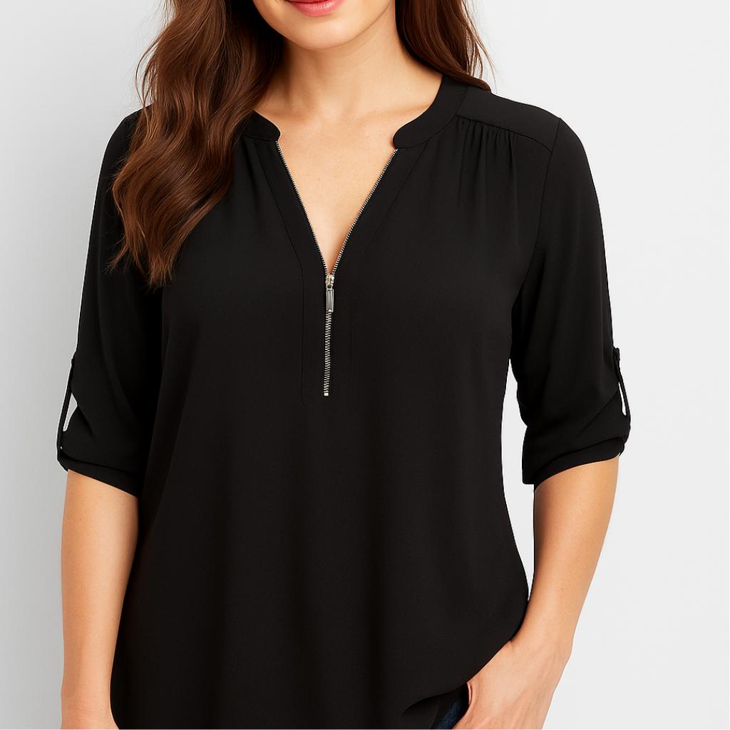 Blusa feminina fluida com decote em V e mangas dobradas