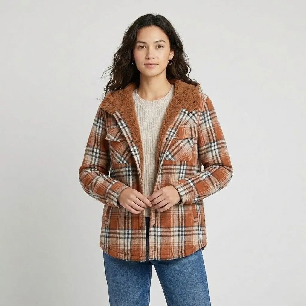 Conforto urbano com forro macio | Casaco aos quadrados com capuz | Estilo casual de inverno