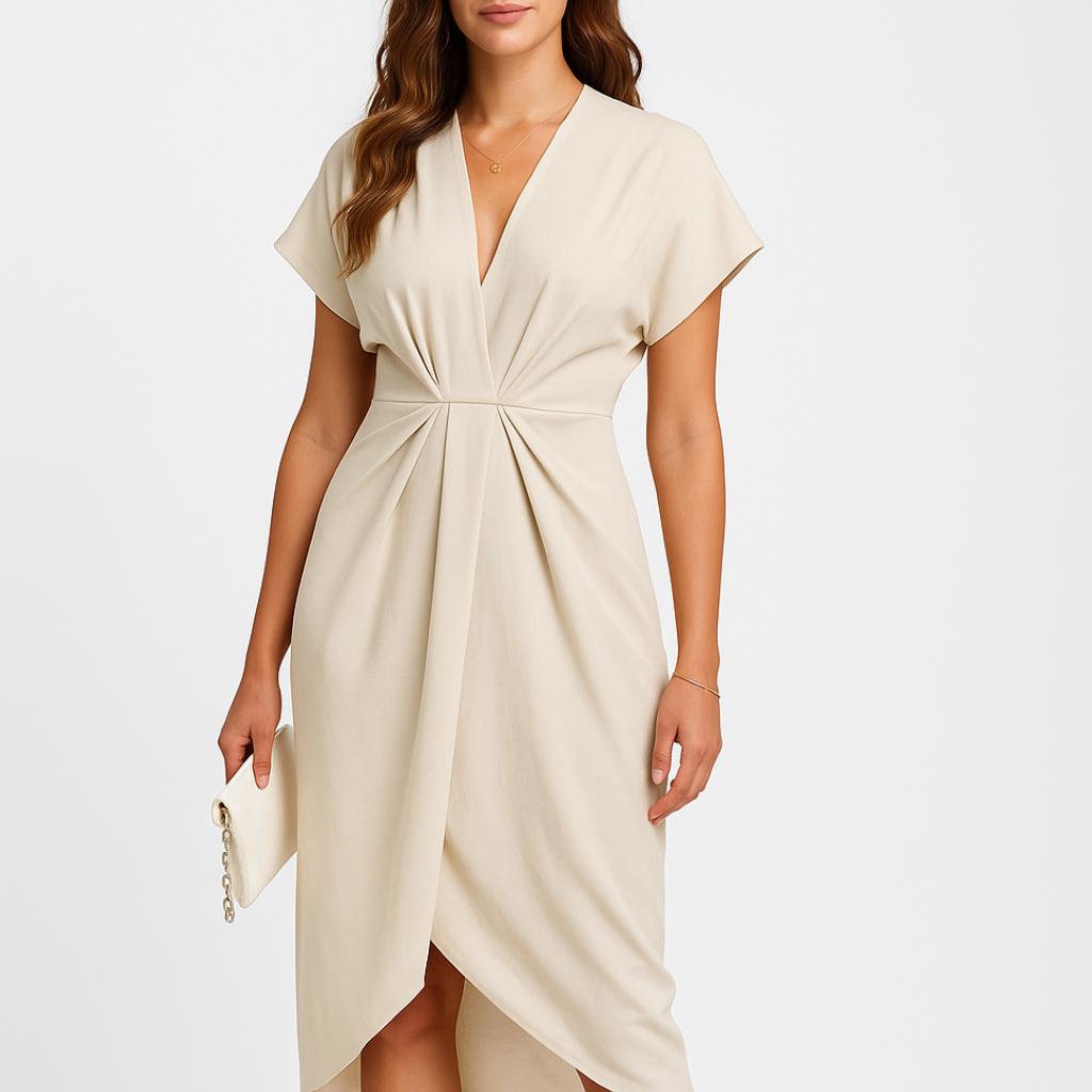 Vestido midi elegante com decote em V e abertura frontal
