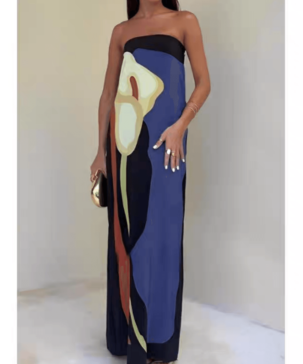 Joan | Vestido Maxi de Festa Estampado Sem Alças em Estilo Costeiro Chic