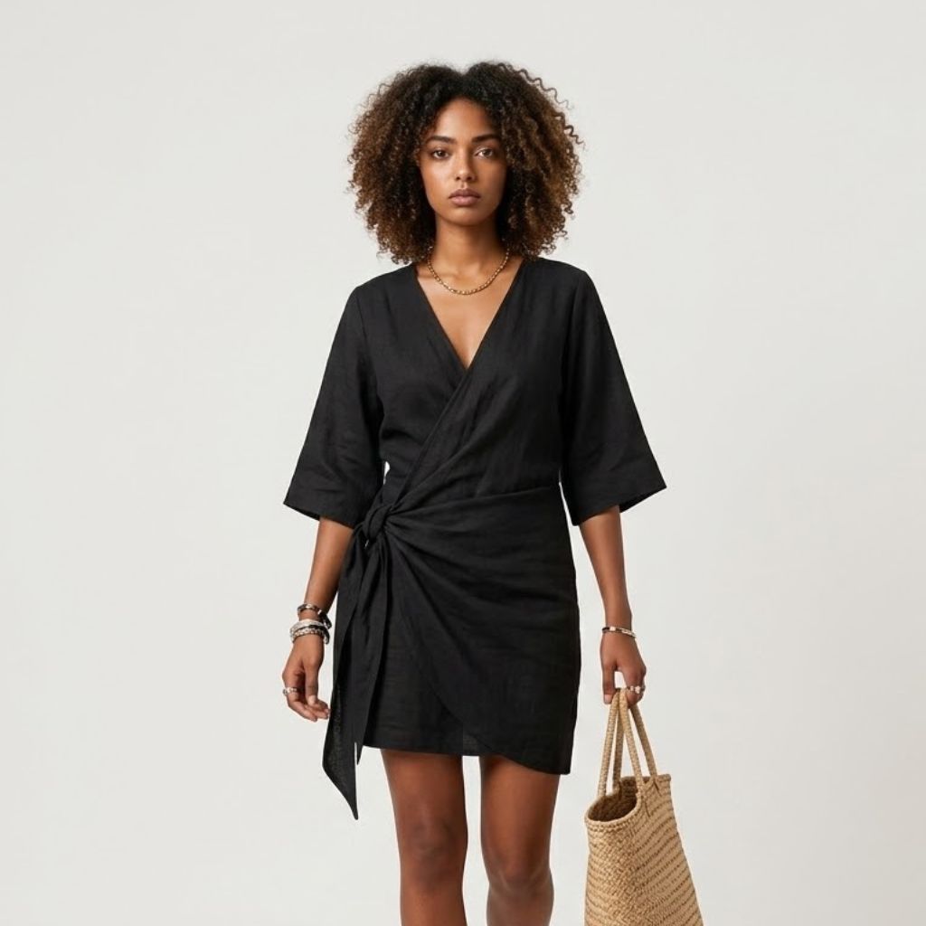 Vestido Curto Cruzado com Drapeado Lateral para Elegância de Verão