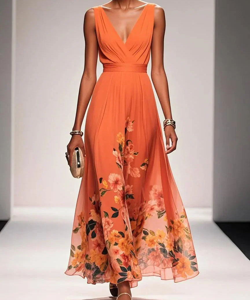 Rosa | Vestido Maxi de Chiffon Floral Azul Claro com Decote em V