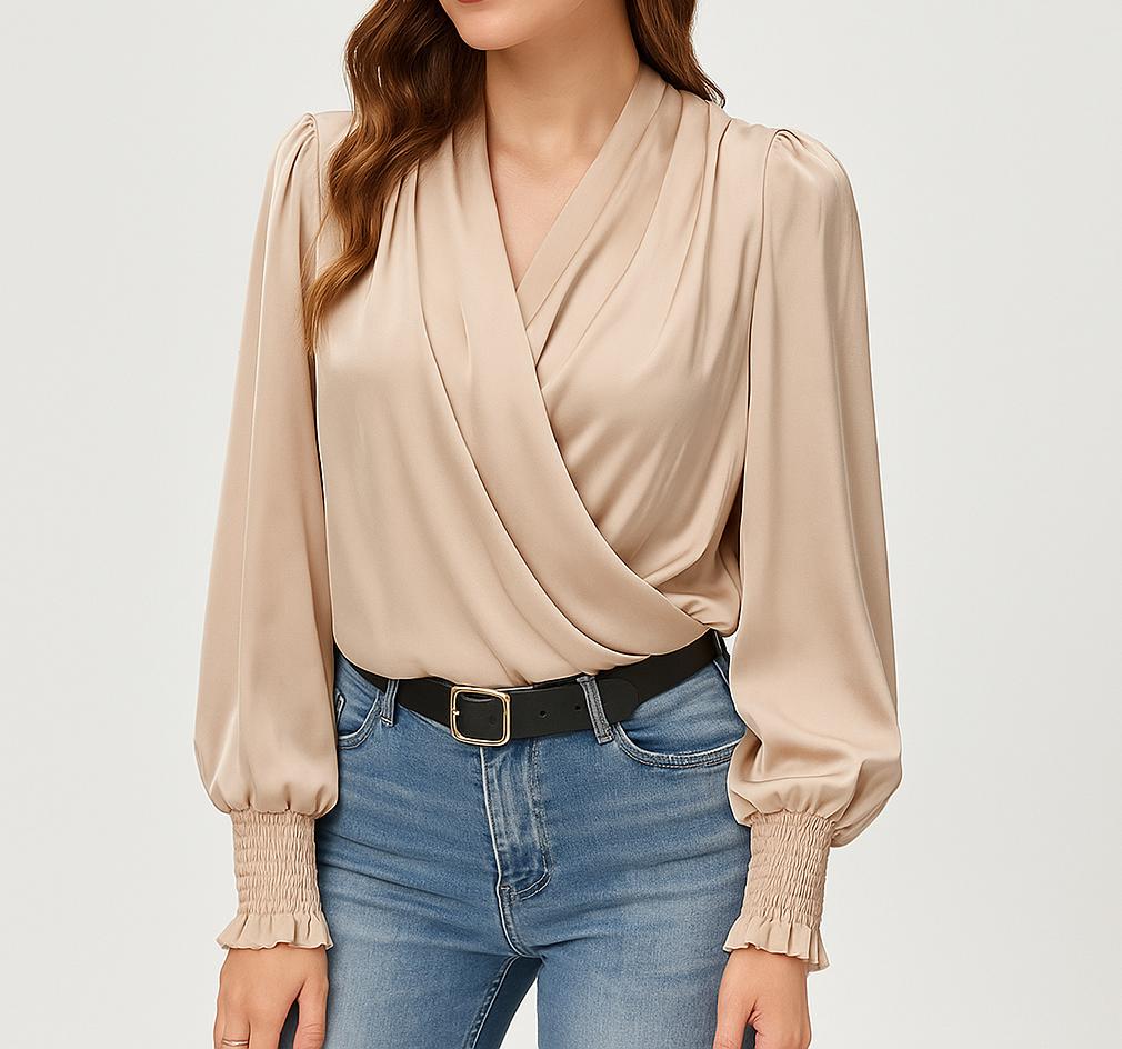 Blusa feminina cruzada com decote em V e mangas compridas