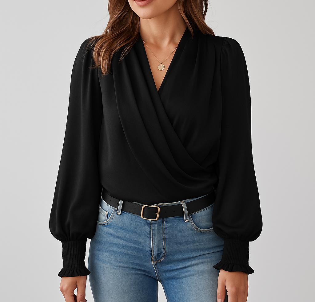 Blusa feminina cruzada com decote em V e mangas compridas