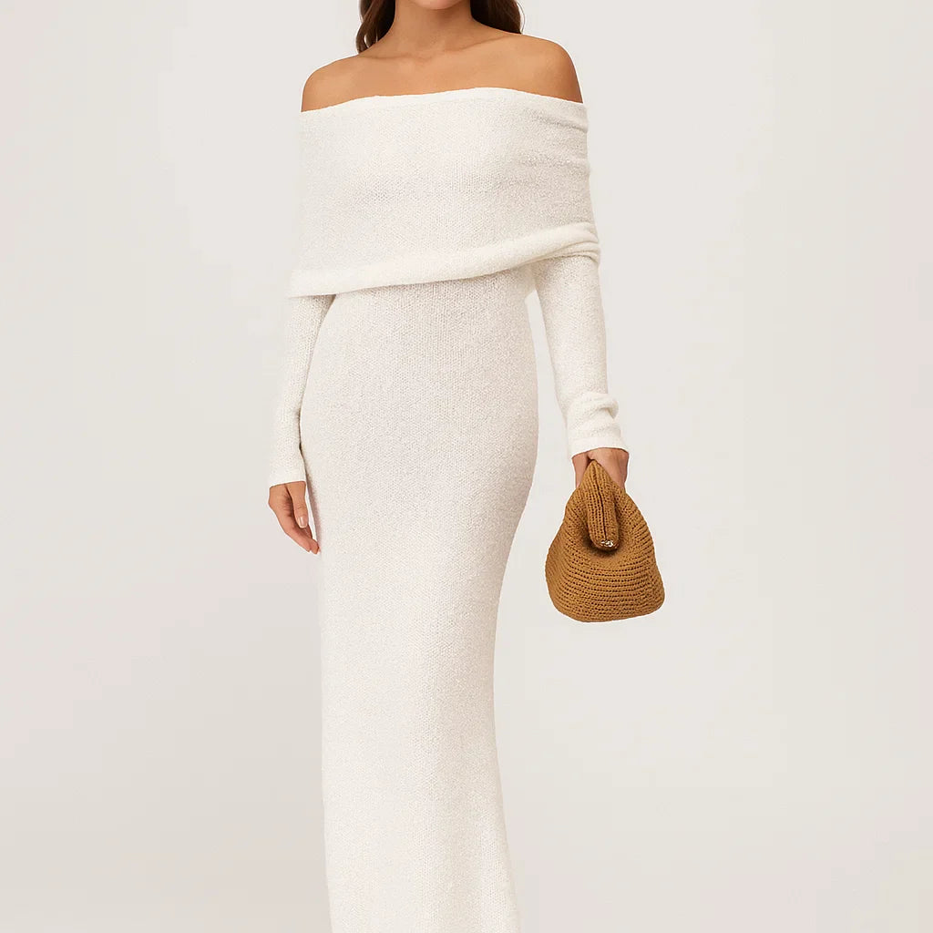 Vestido comprido justo com decote ombro a ombro para senhora