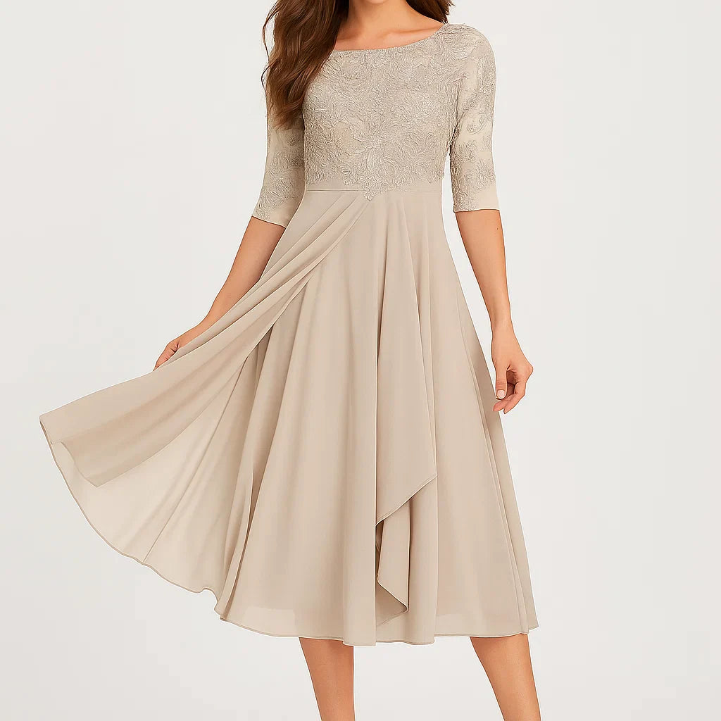 Vestido midi fluido com mangas três quartos para senhora