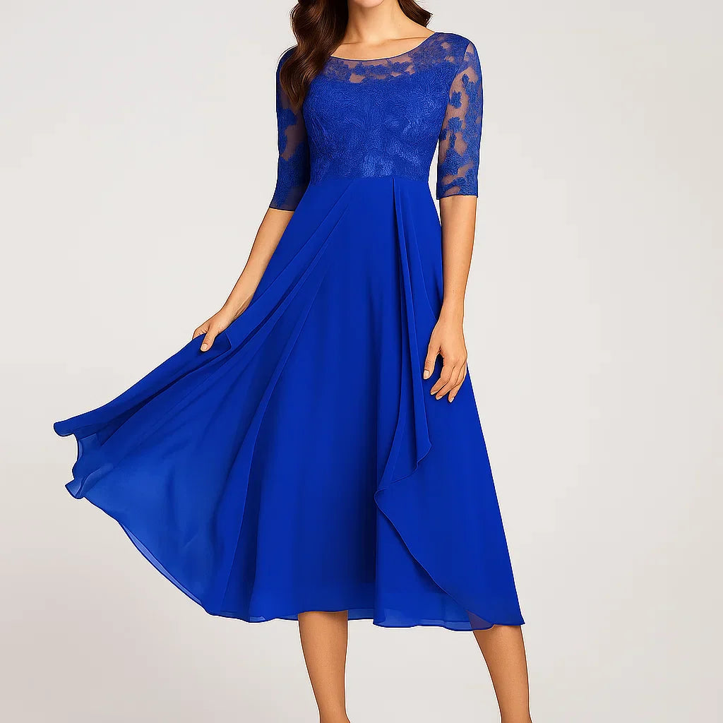 Vestido midi fluido com mangas três quartos para senhora