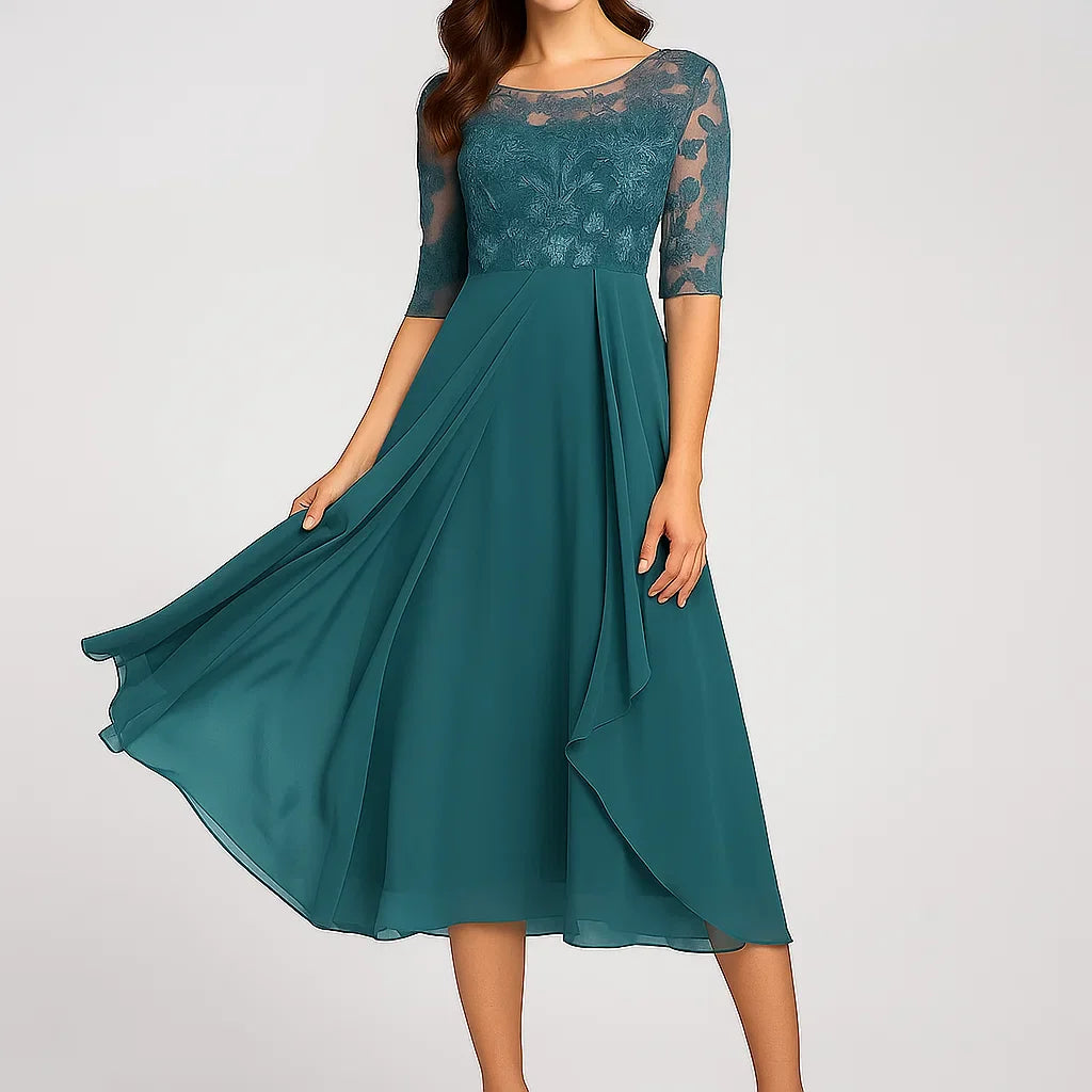 Vestido midi fluido com mangas três quartos para senhora