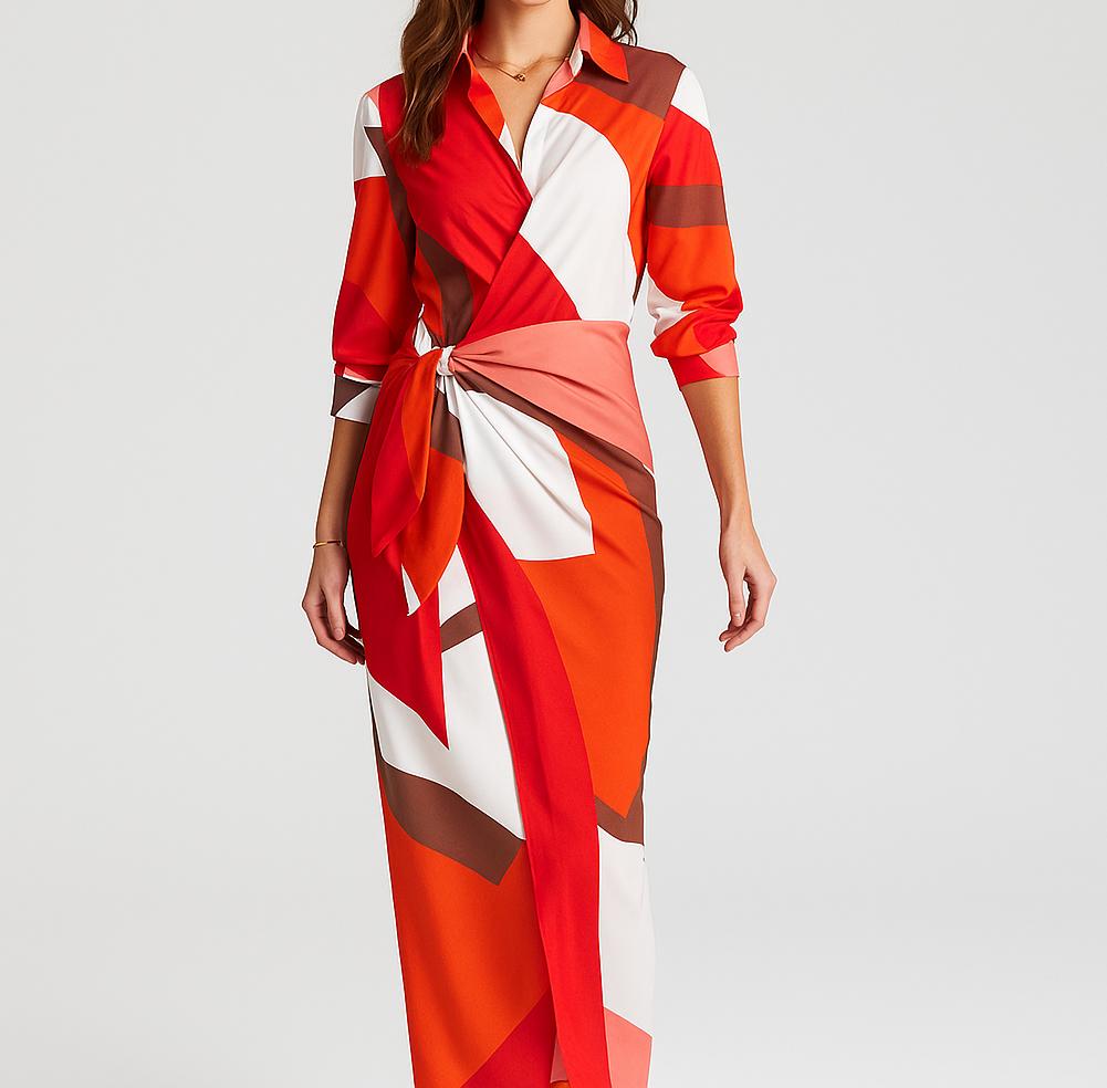 Vestido midi cruzado com mangas compridas e cintura ajustável