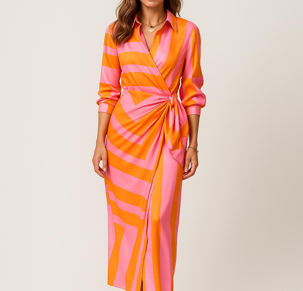 Vestido midi cruzado com mangas compridas e cintura ajustável