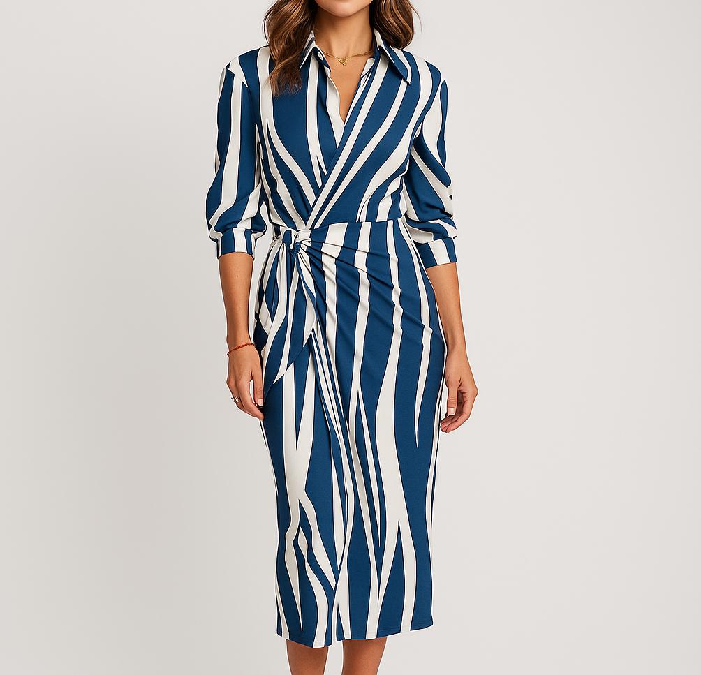 Vestido midi cruzado com mangas compridas e cintura ajustável