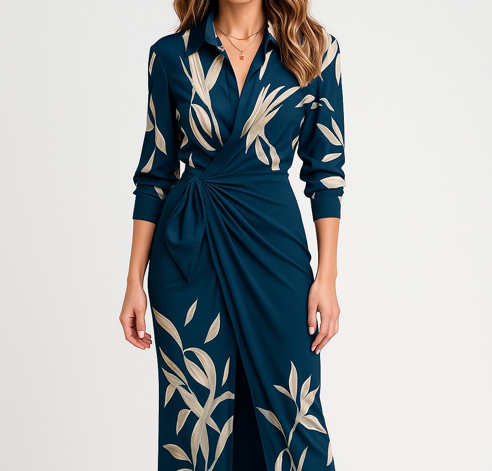 Vestido midi cruzado com mangas compridas e cintura ajustável