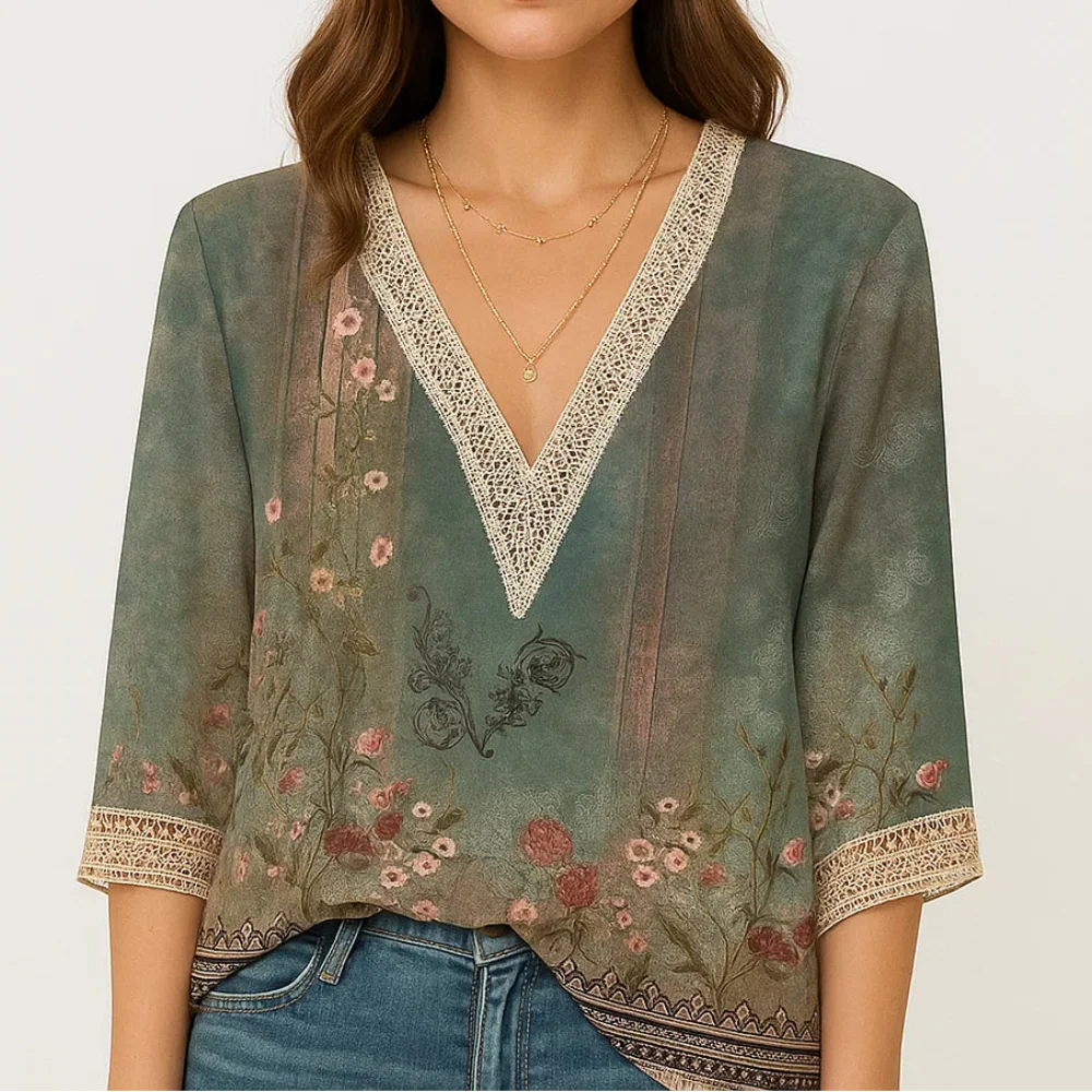 Blusa elegante com decote em V e mangas três quartos para senhora