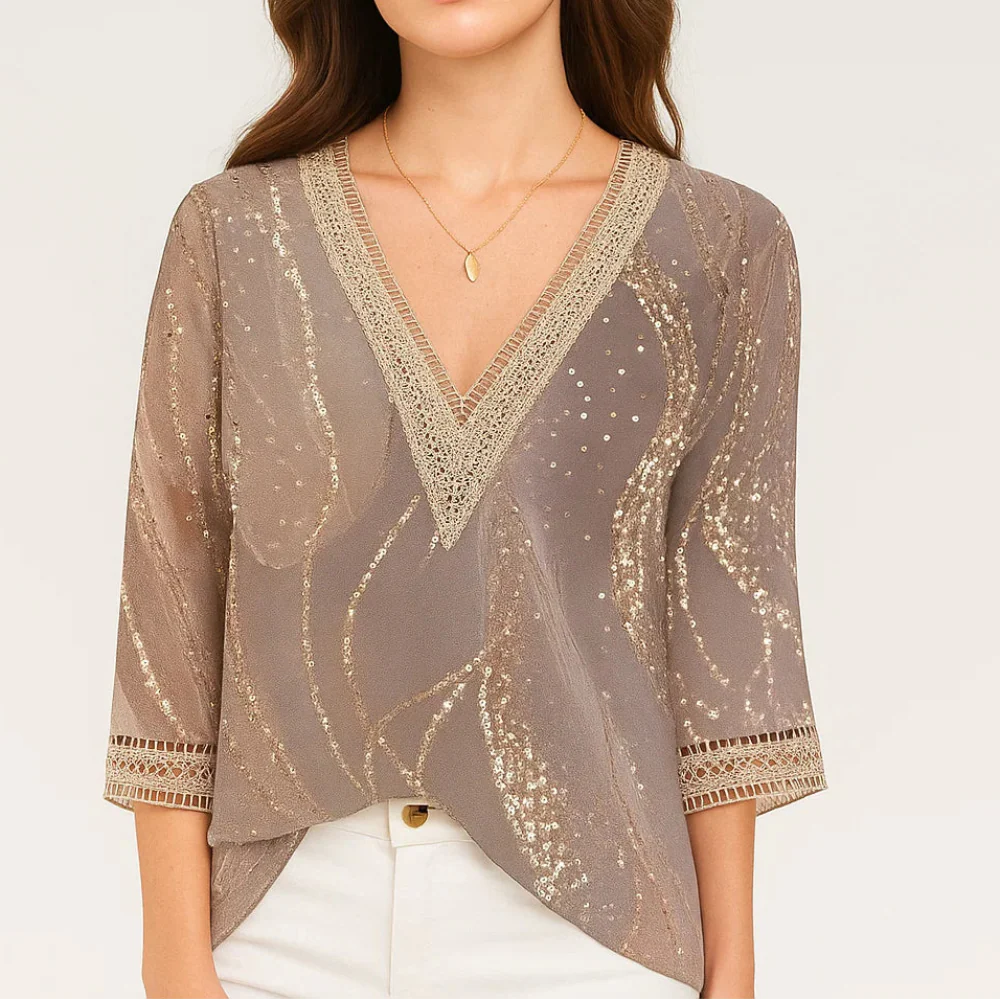 Blusa elegante com decote em V e mangas três quartos para senhora