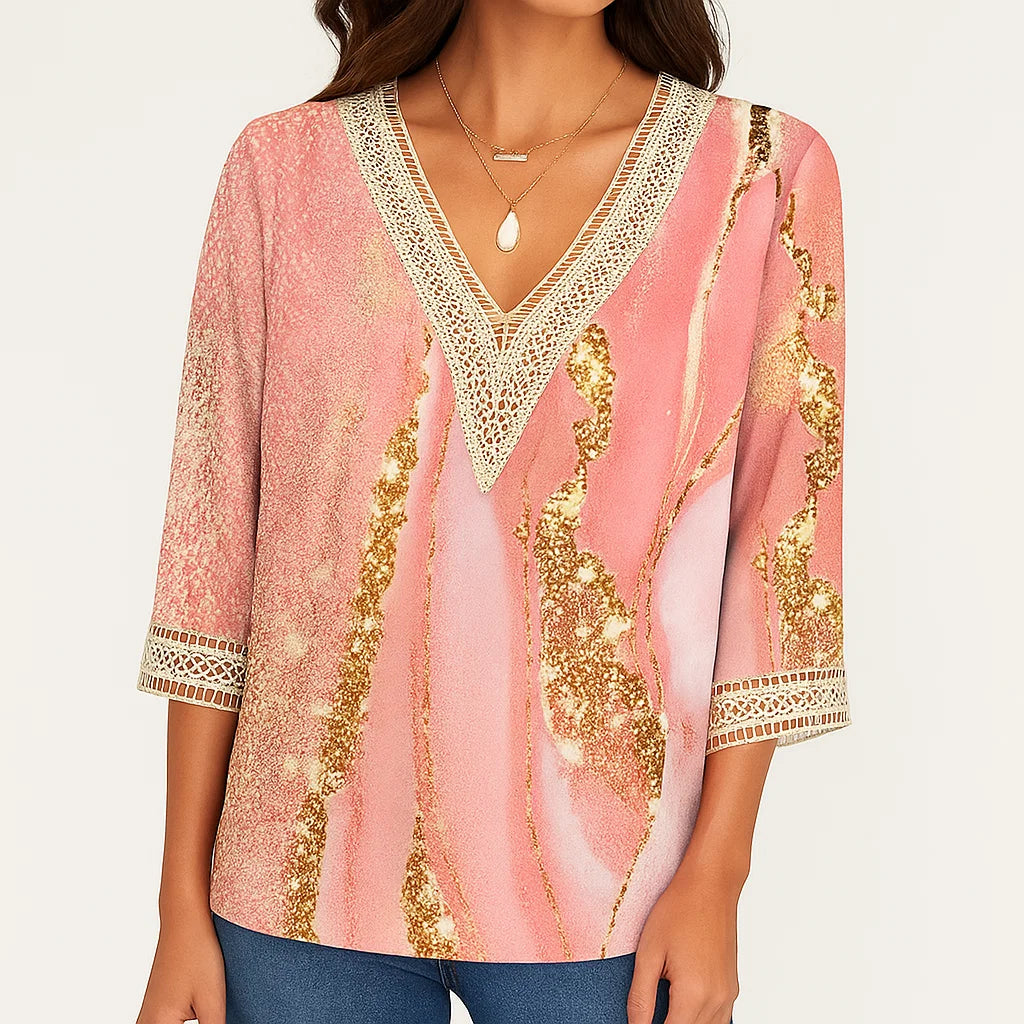 Blusa elegante com decote em V e mangas três quartos para senhora