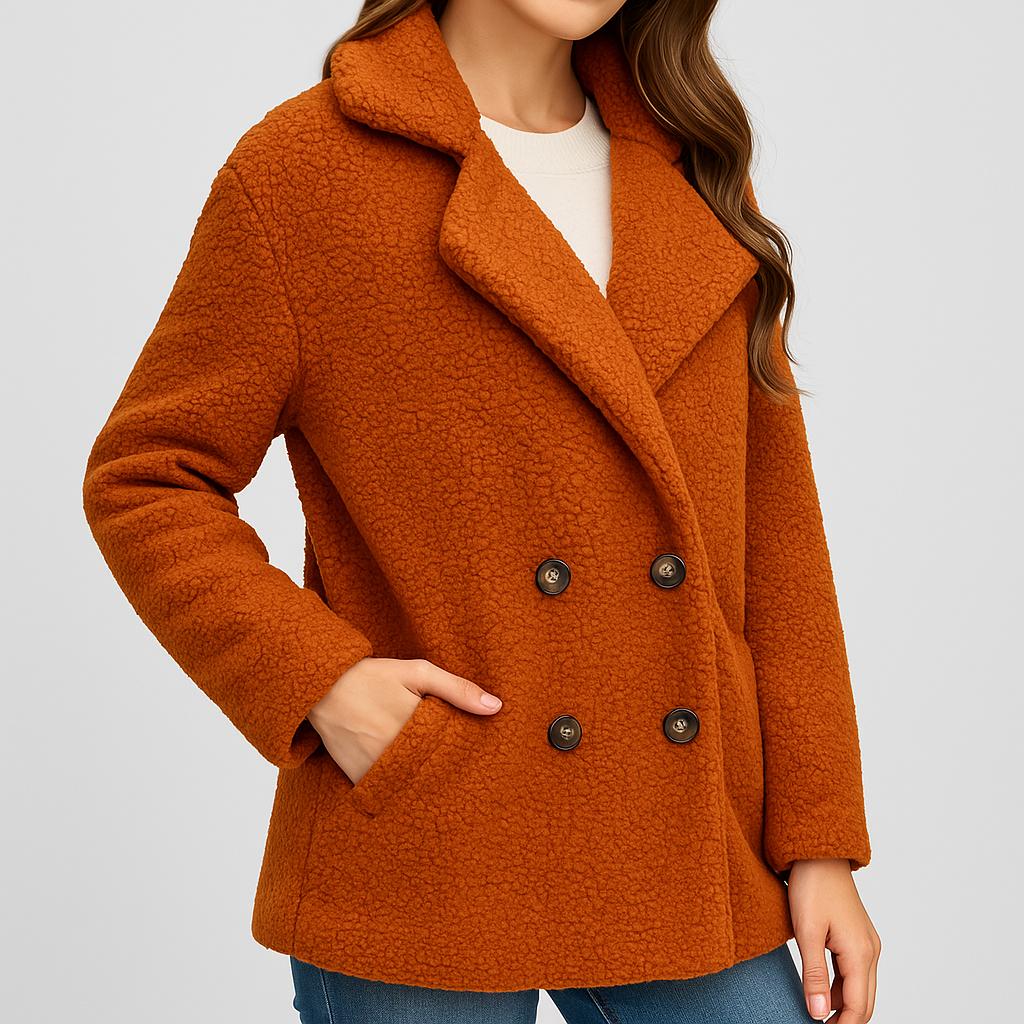 Casaco curto feminino de inverno com corte clássico e botões duplos