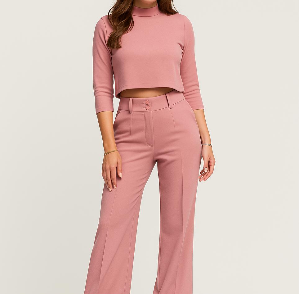 Conjunto feminino de top curto e calças de cintura subida