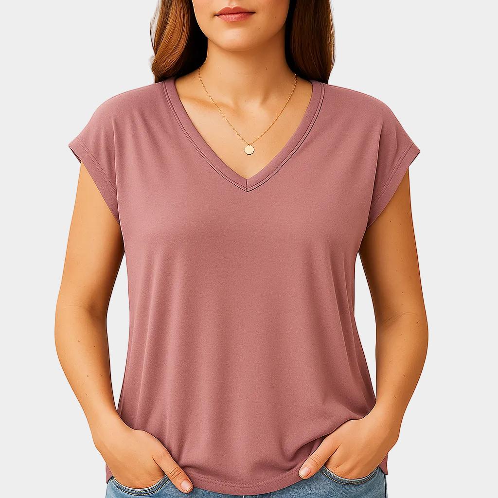 T-shirt feminina fluida com decote em V e manga curta