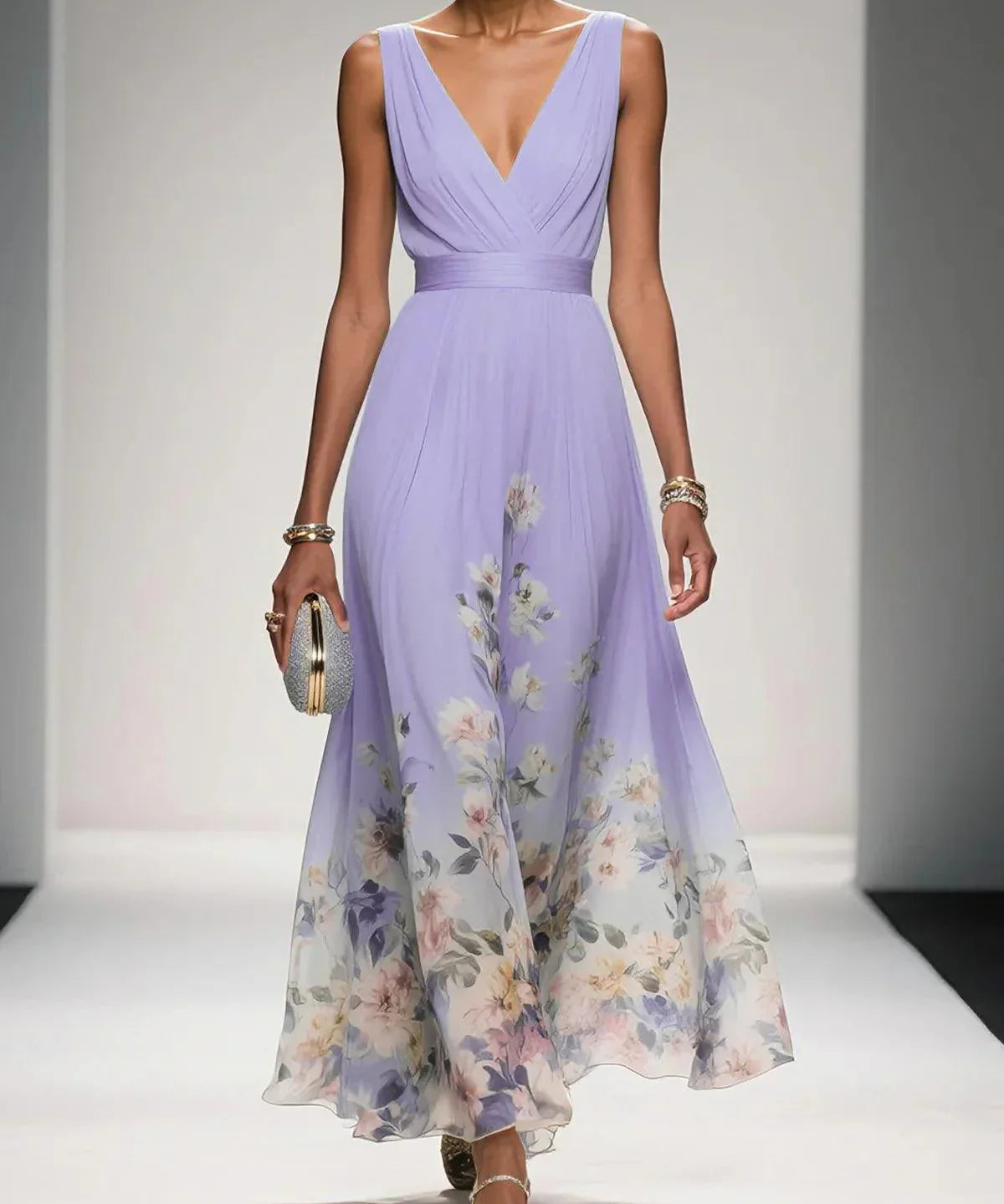 Rosa | Vestido Maxi de Chiffon Floral Azul Claro com Decote em V