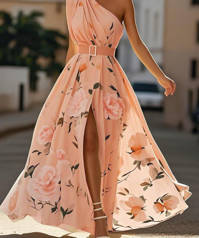 Julie | Vestido Maxi de Chiffon Floral Verde Claro com Um Ombro