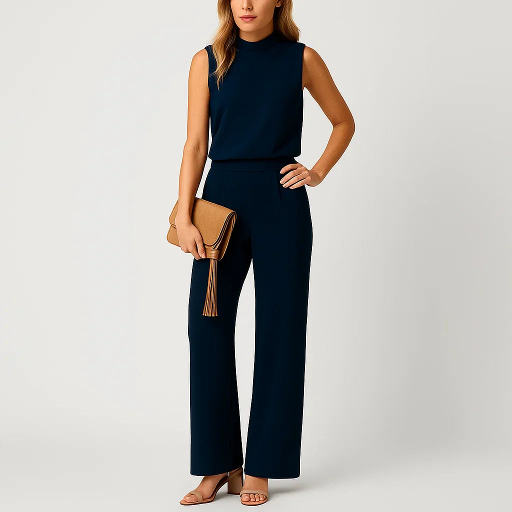 Macacão feminino elegante sem mangas com perna larga