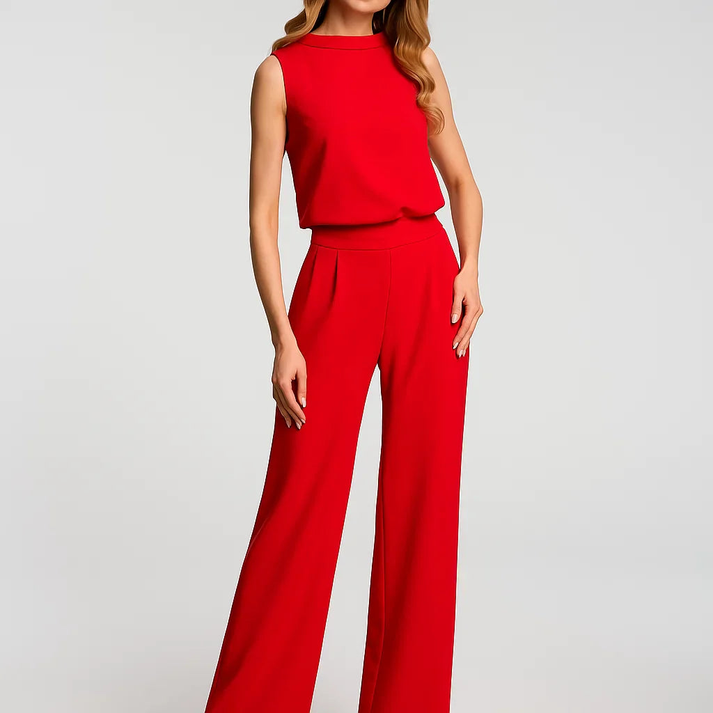 Macacão feminino elegante sem mangas com perna larga