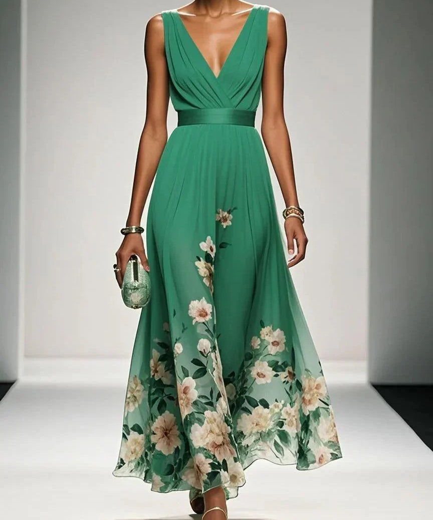Rosa | Vestido Maxi de Chiffon Floral Azul Claro com Decote em V