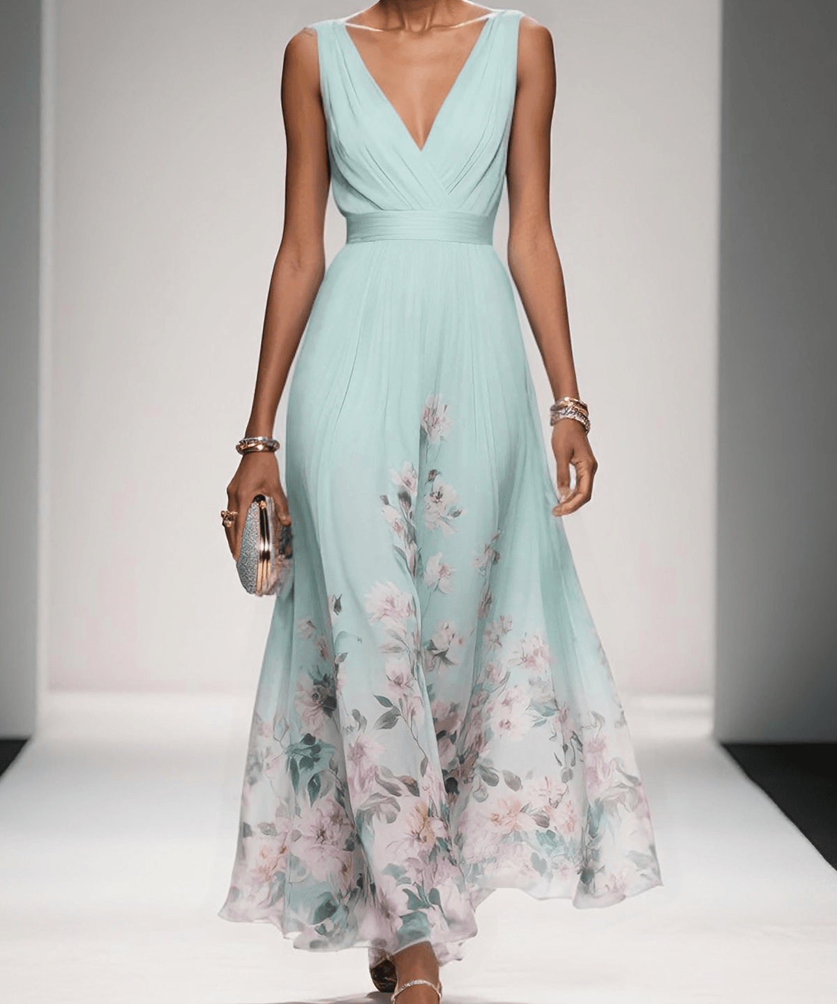 Rosa | Vestido Maxi de Chiffon Floral Azul Claro com Decote em V